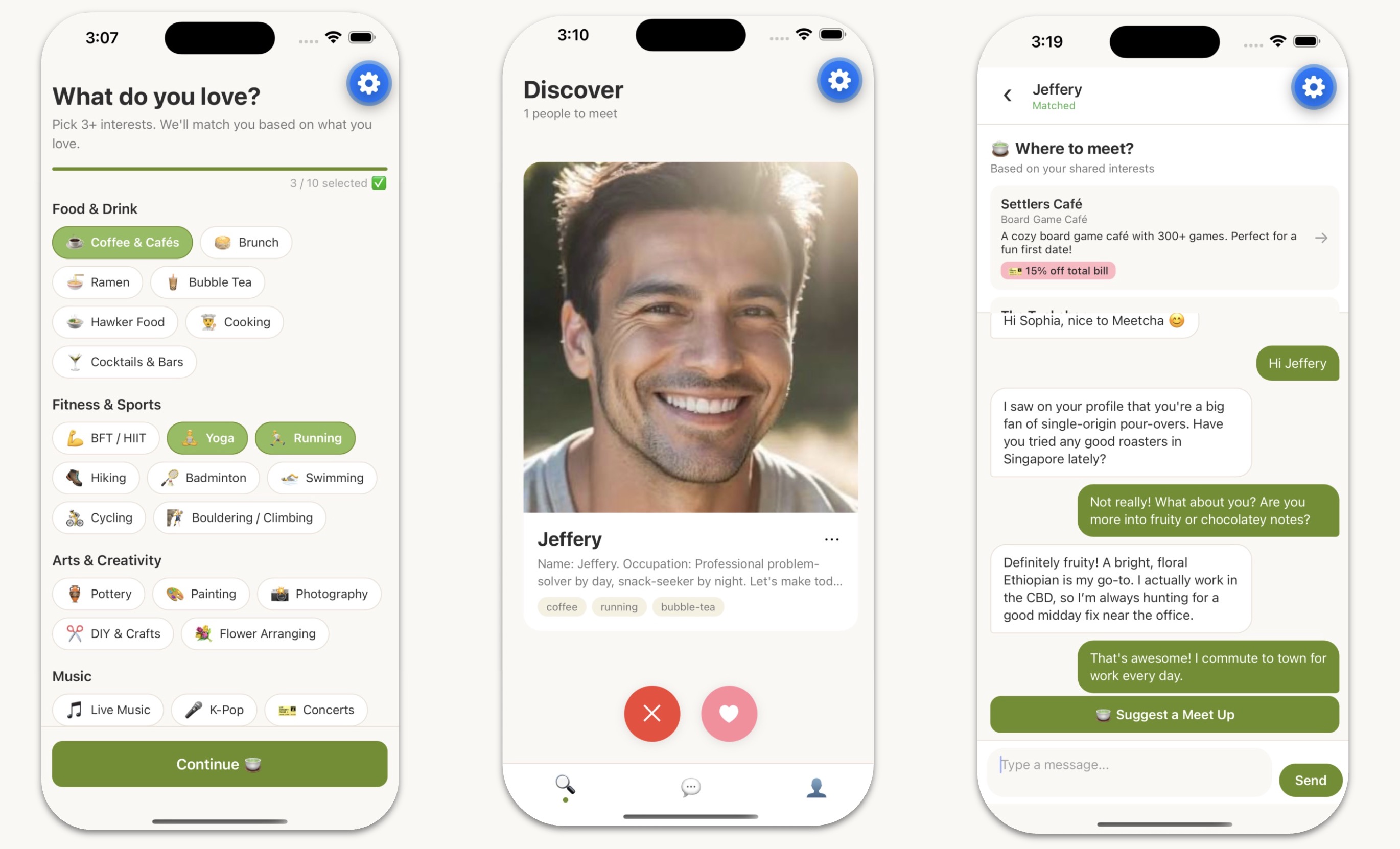 Meetcha app — match, chat, and meetup suggestions with merchant vouchers